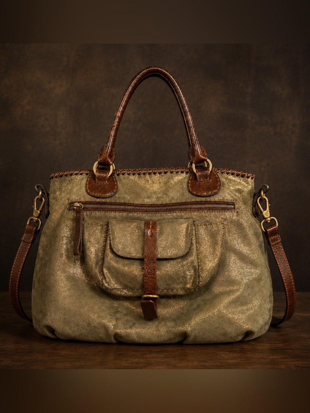Metallic Leather Boho Satchel Bag Whipstitch Crossbody Carla Mancini made in USA